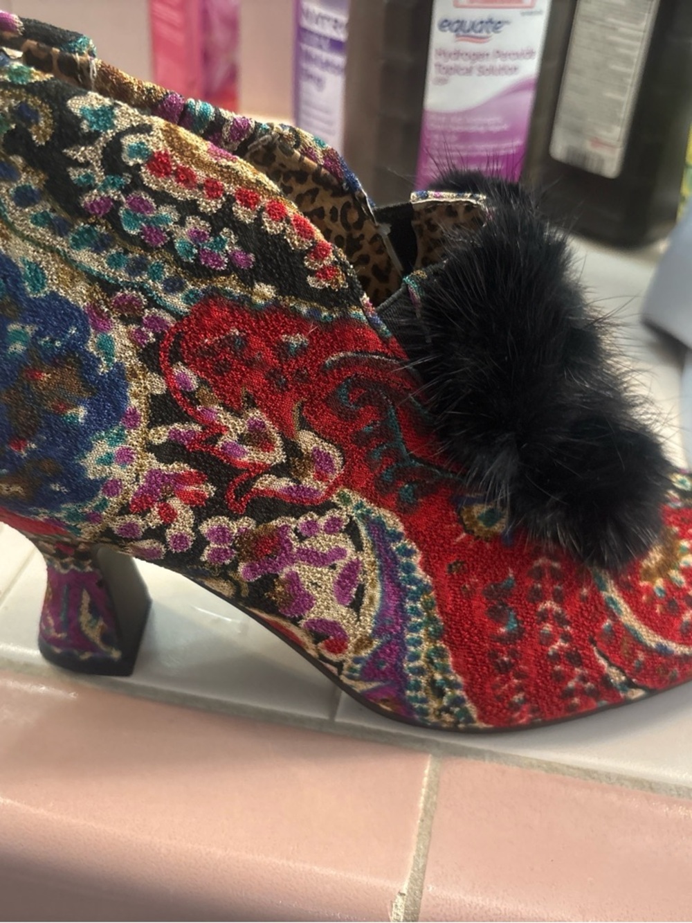 Baci Tapestry Ankle Boots Fur Trim Kitten Heel